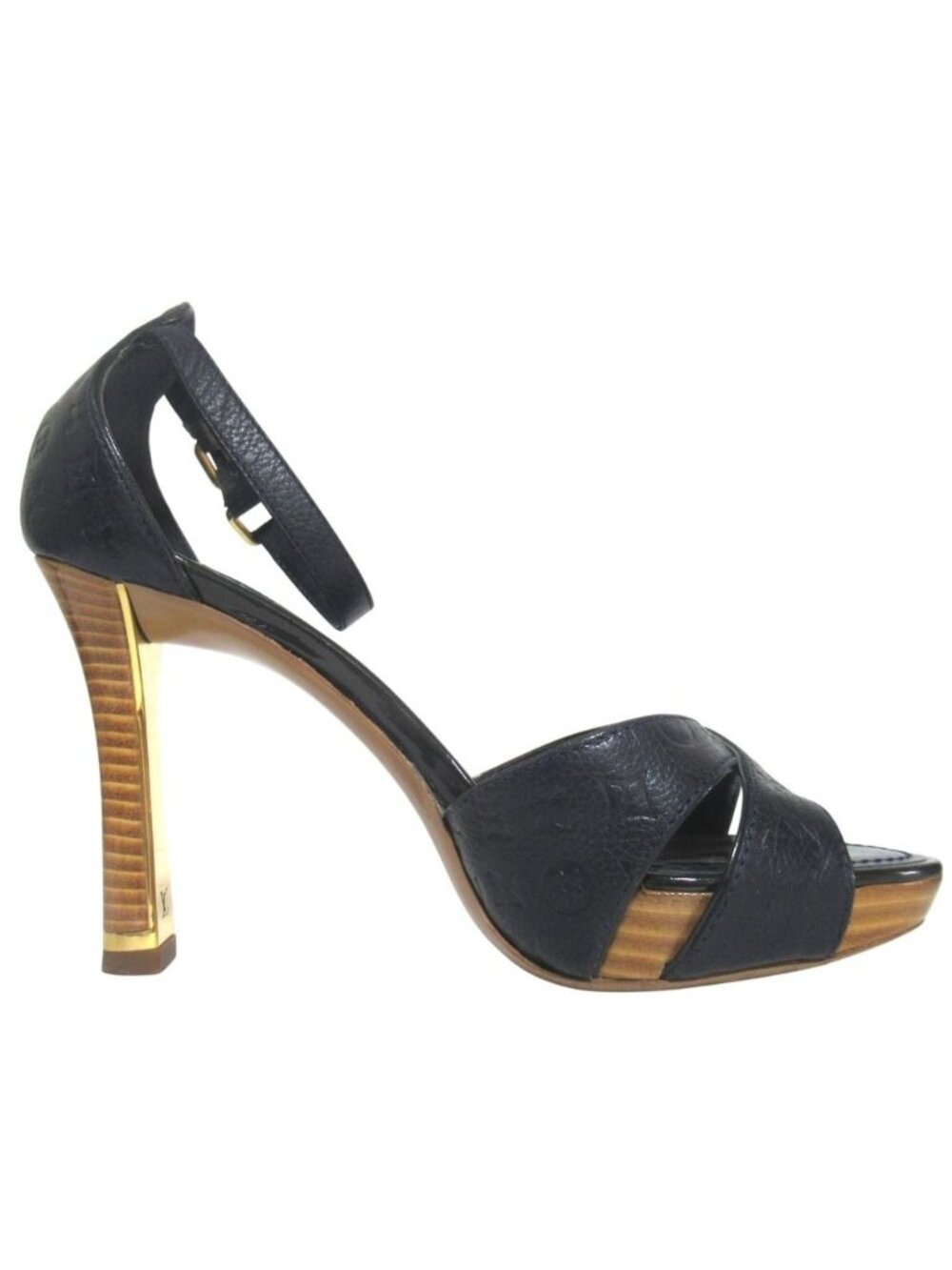 Louis Vuitton Monogram Empreinte Ankle Strap High Heels Sandals 35 Navy - Picture 3 of 10